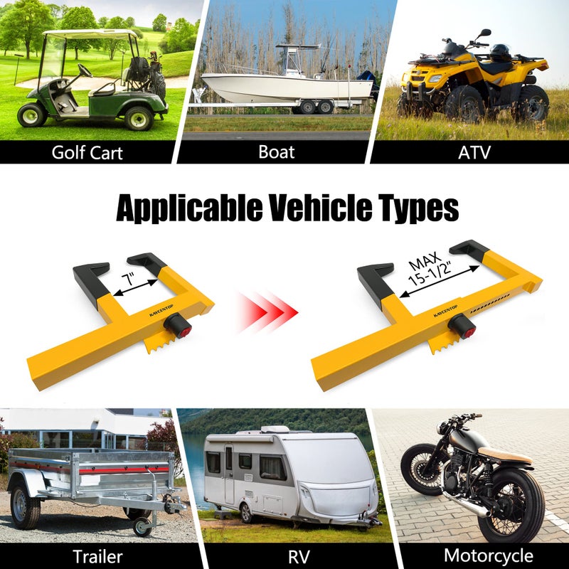 KAYCENTOP Wheel Lock Clamp Security Tire Lock Anti Theft for Max 15.5 inch Tire Width Universal Car Wheel Lock for Trailers SUV Boats Motorcycles Golf Cart Yellow/Black - Image 4